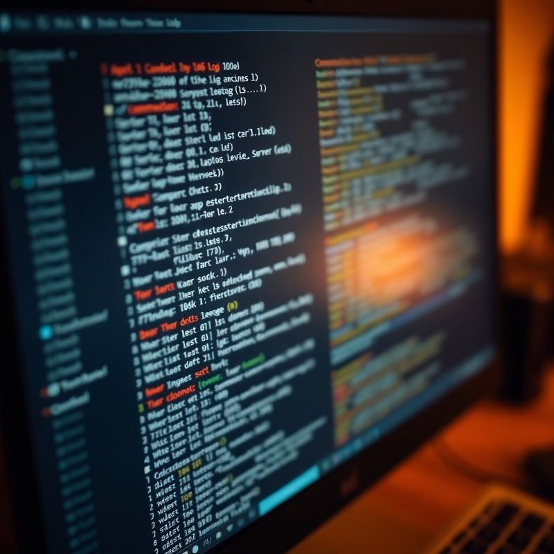 Ecran de computer cu date de log server și ieșire terminal, în lumină ambientală joasă