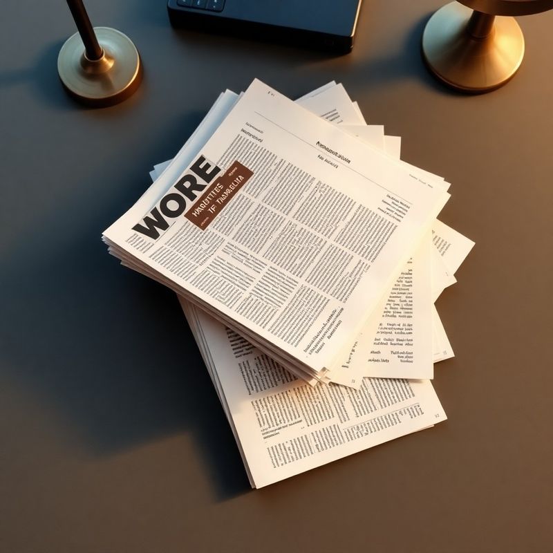 Teanc de articole tipărite și adnotate pe un birou gri profesional