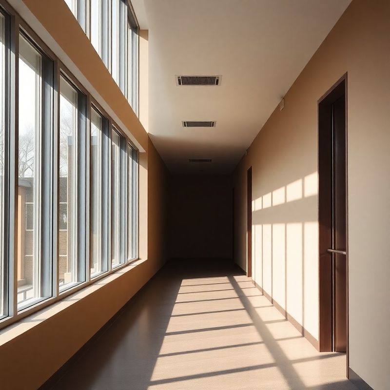 Coridor de birou minimalist cu lumină naturală prin ferestre înalte